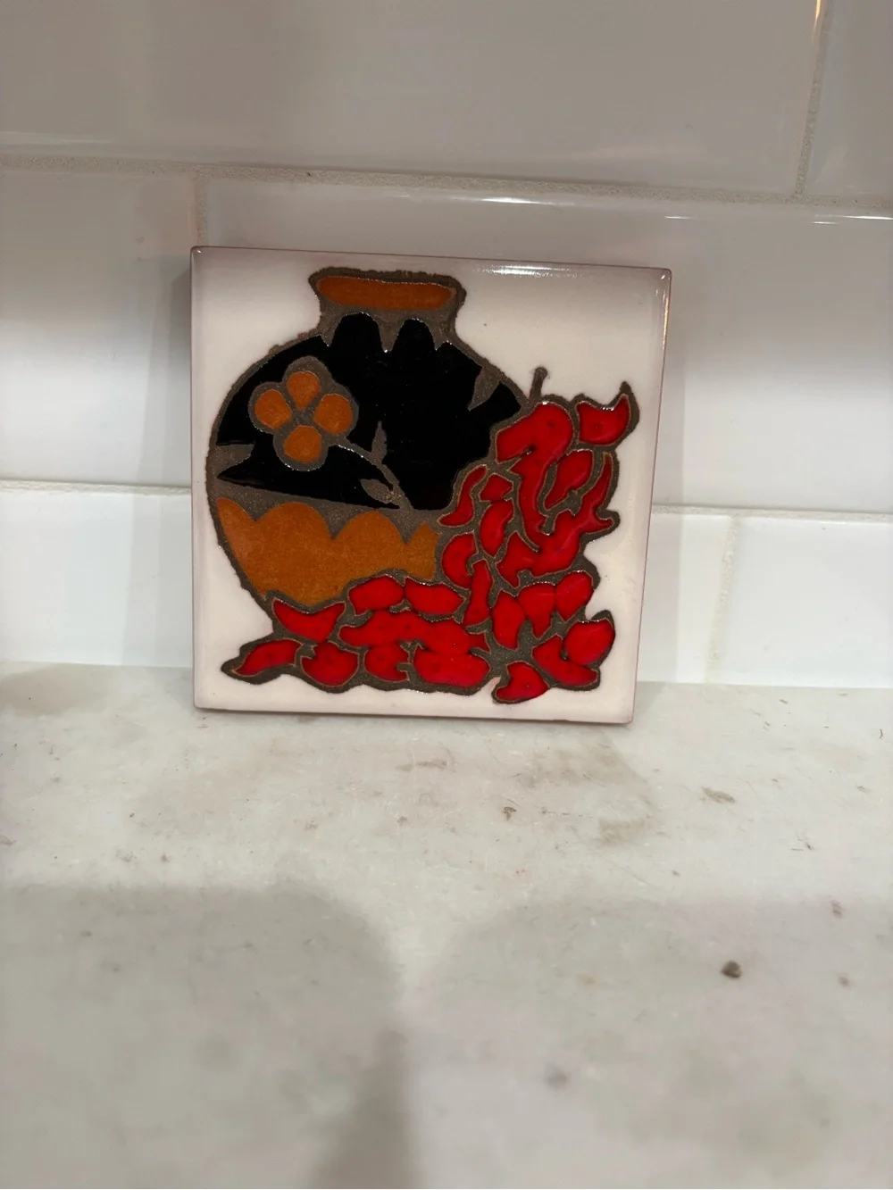 Christine Fitzgerald Design Decorative Ceramic Trivet with Red Floral Design